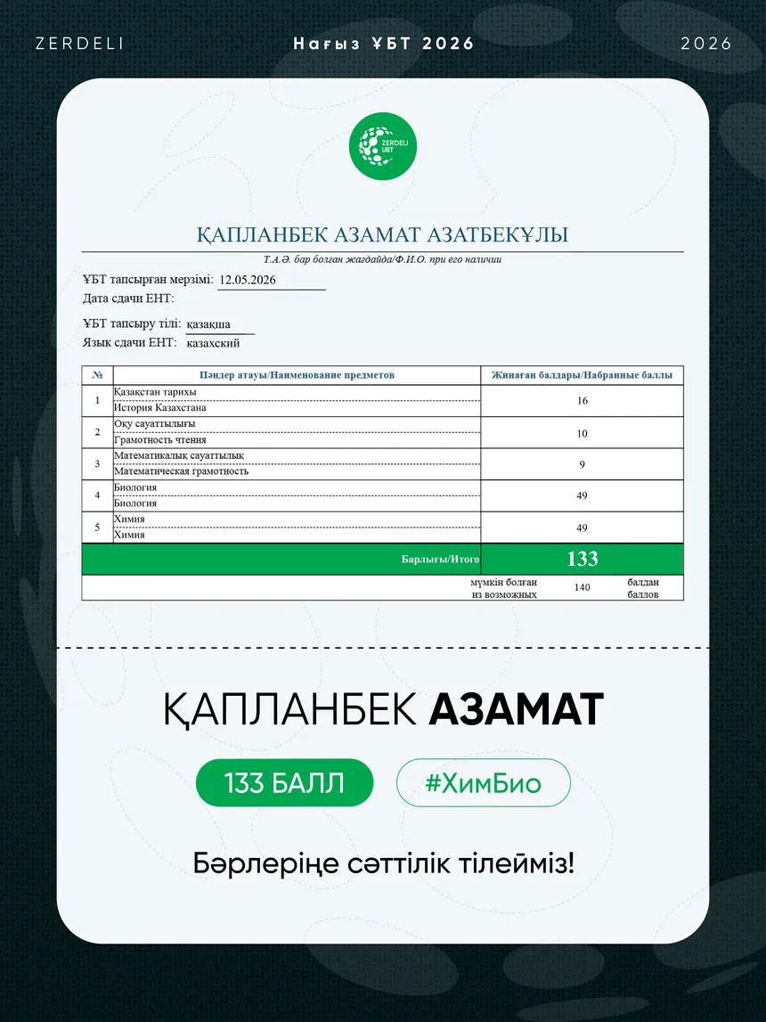 ҰБТ сертификаты — Азамат, 133 балл