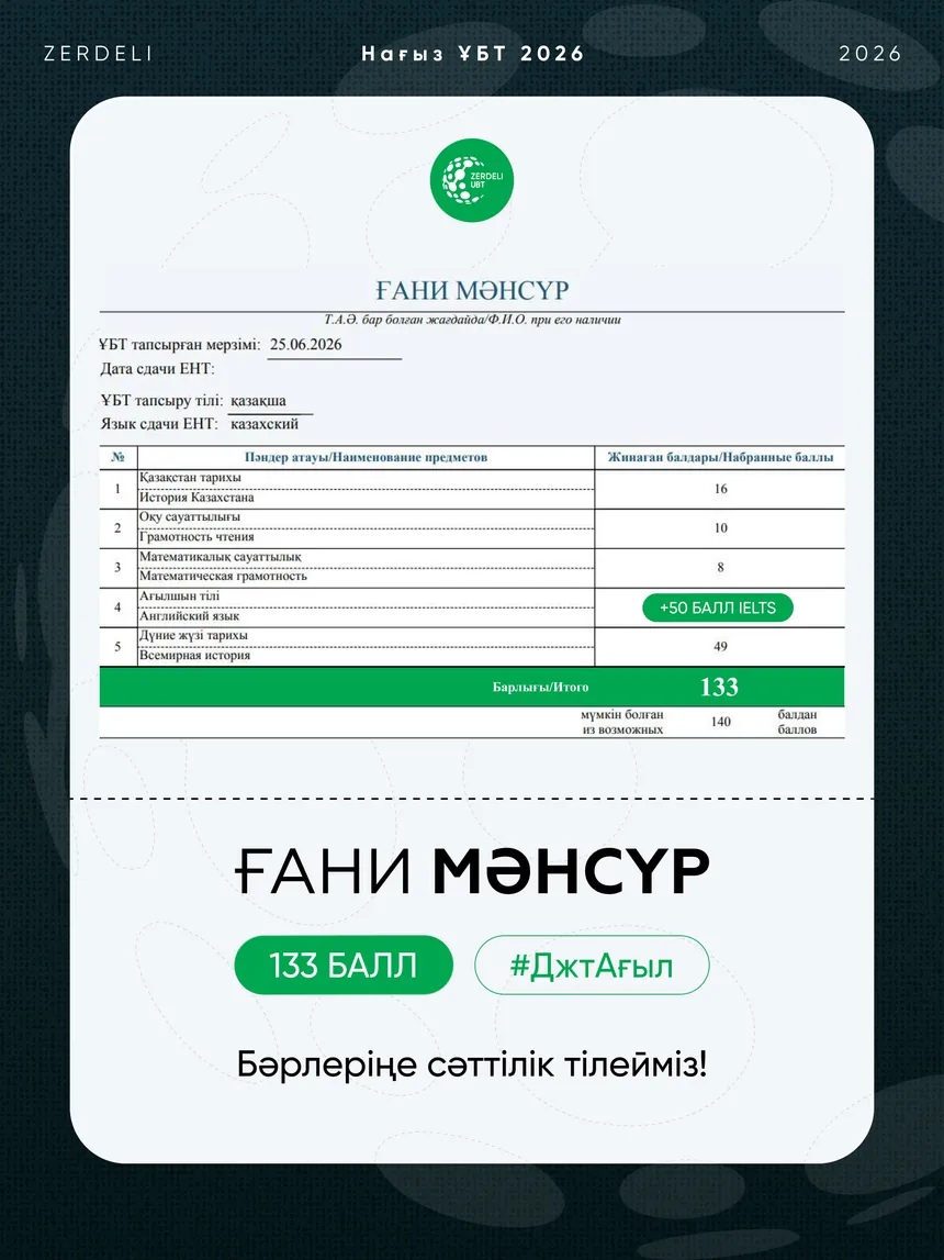 ҰБТ сертификаты — Мәнсүр, 133 балл