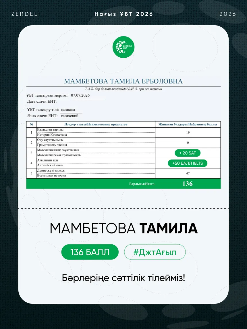 ҰБТ сертификаты — Тамила, 136 балл